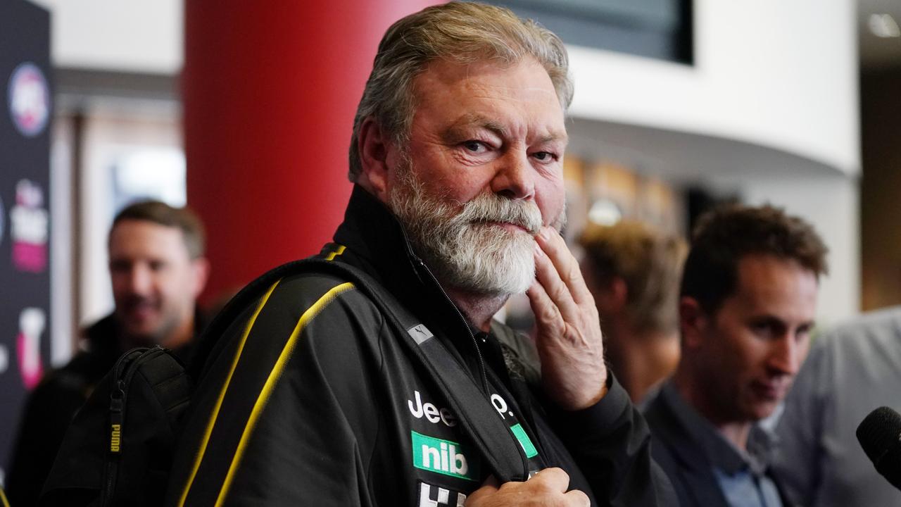 Richmond Tigers Football Manager Neil Balme speaks to media during the opening day of the AFL trade period as club representatives begin trade discussions in Melbourne, Monday, October 7, 2019. (AAP Image/Michael Dodge) NO ARCHIVING