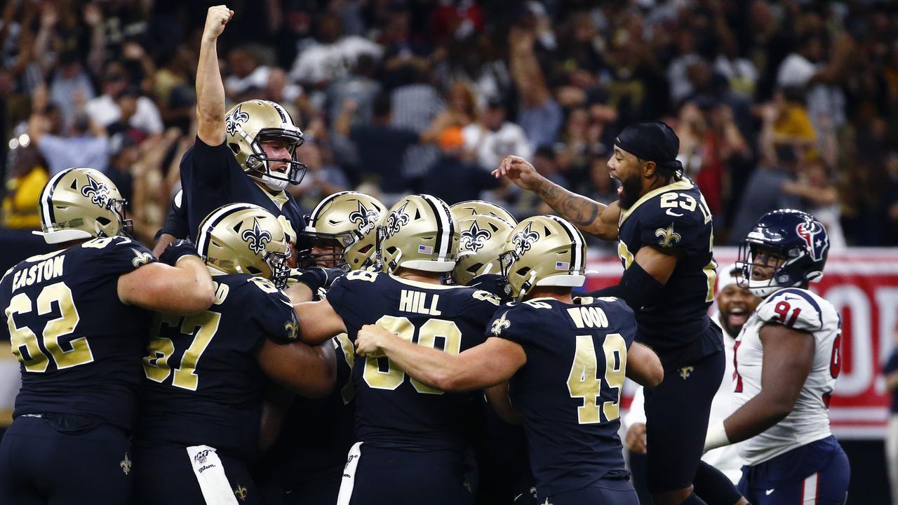 New Orleans Saints kicker Wil Lutz celebrates his game winning 58-yard field goal.