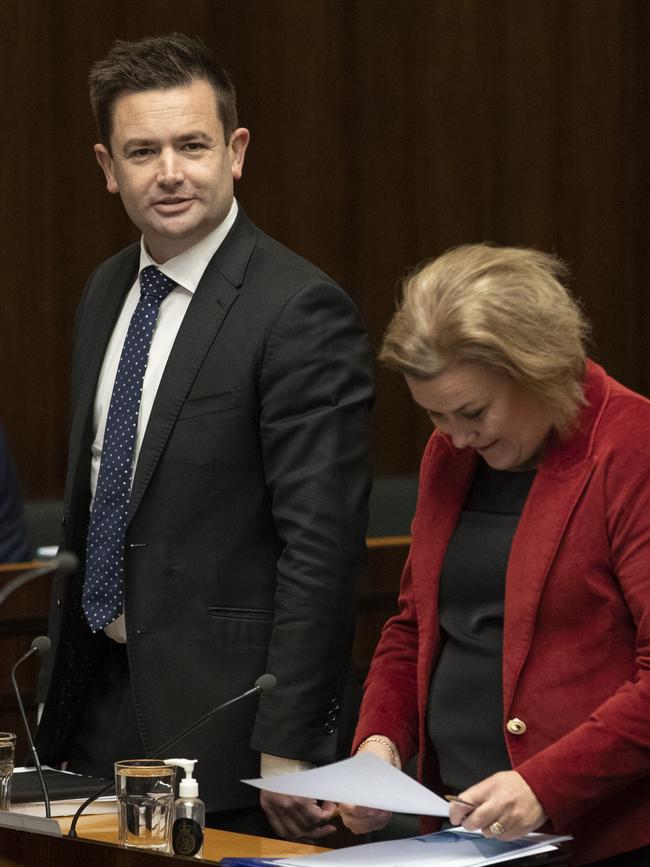 Dean Winter Labor leader with Anita Dow Labor deputy leader. Parliament question time. Picture: Chris Kidd