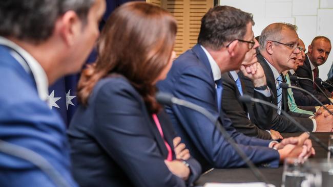 Scott Morrison speaks with state premiers and territory leaders during a media conference in March. Picture: AFP