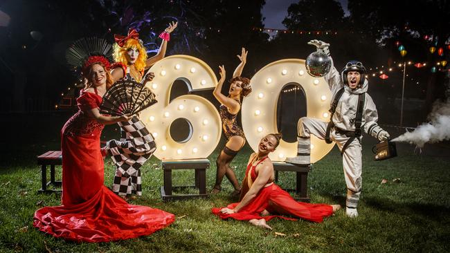 Fringe performers Issie Hart from Rouge, Pixel Witch from Blunderland, Uugantuya Otgonbayar from Blanc de Blanc Encore, Carlie Hunter from LOST and Remi Martin from L.I.A.R (Life Is A Rehearsal) at the Garden of Unearthly Delights during the 2020 event. Picture: Matt Turner