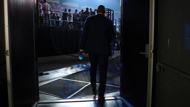 Adelaide 36ers coach Joey Wright enters the Adelaide Entertainment Centre arena on Saturday night. Picture: Kelly Barnes (AAP).