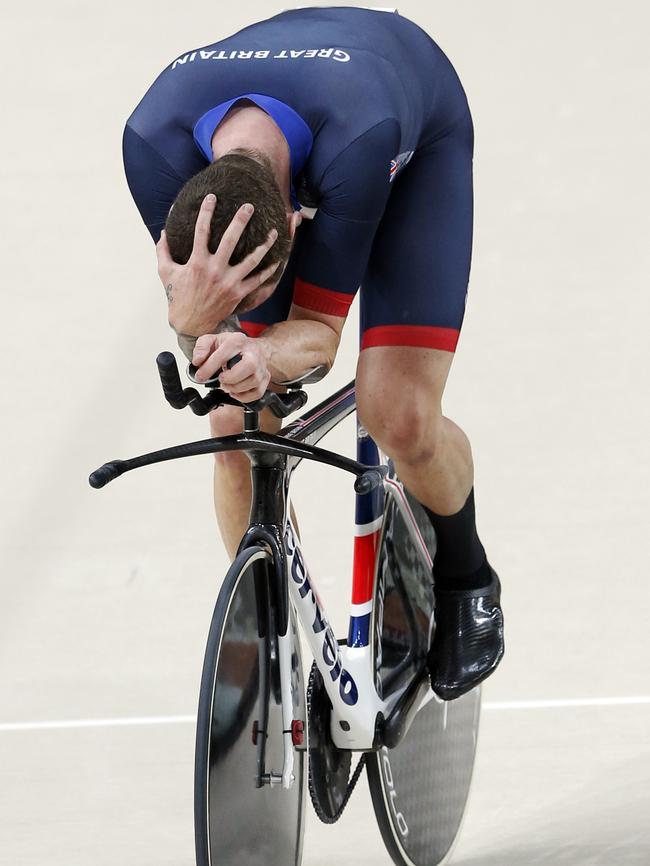 Bradley Wiggins from Team GB celebrates winning the Men's Team Pursuit at the 2016 Rio Olympics at the Rio Olympic Velodrome. Picture: Adam Head