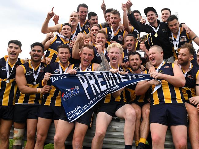 Rubertswood reacts after winning the RDFL grand final, Sunbury, Sunday, September 15, 2019. RDFL footy grand final: Rupertswood v Wallan. (AAP Image/James Ross) NO ARCHIVING