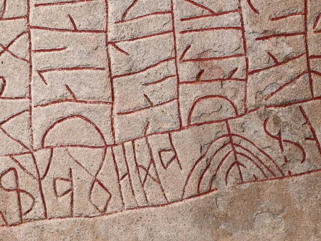 A detail of the Viking-era Rök runestone near the Lake Vattern and the town of Odeshog, in Ostergotland, Sweden, is pictured on January 9, 2020. - One of the world's most famous runestones is now believed to have been erected by Vikings fearing a repeat of a previous cold climate crisis in Scandinavia, a new study said Wednesday, January 8, 2020. The Rok stone, raised in the ninth century near the lake Vattern in south central Sweden, bears the longest runic inscription in the world with more than 700 runes covering its five sides. (Photo by Jeppe GUSTAFSSON / TT News Agency / AFP) / Sweden OUT