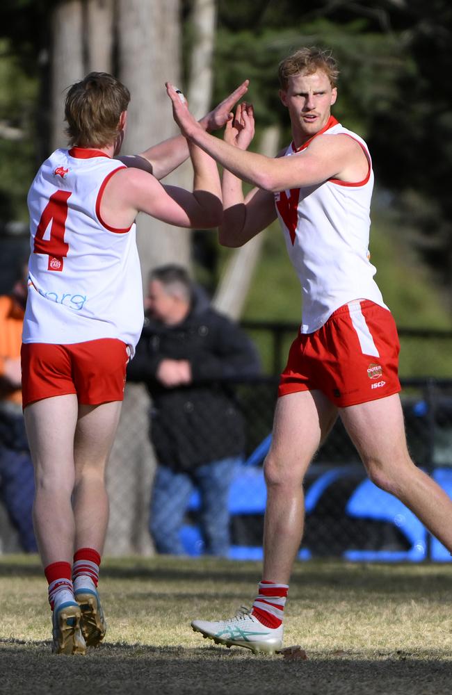 Olinda vice-captain Frank Seal (left) and captain Lachie Taylor celebrate a goal. Picture: Andrew Batsch