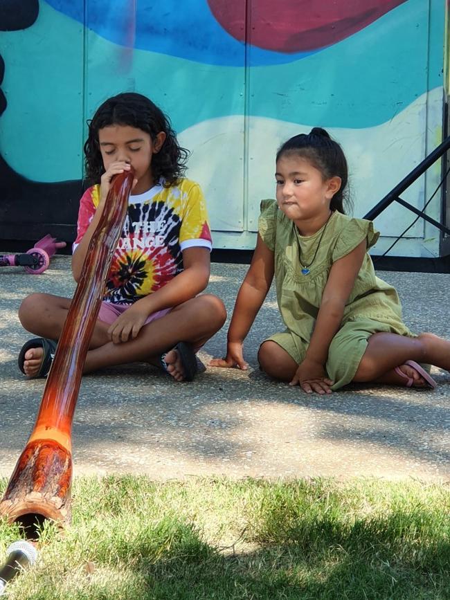 Maisie Monaghan and her big brother, Lennox performing the Welcome to Country for the opening of the relocated Out of the Box youth space.