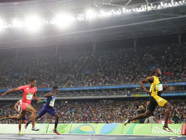 Usain Bolt wins the Gold medal for Jamaica in the MenÕs 4 x 100m Relay Final during day 14 of the Rio 2016 Olympic Games. Picture: Brett Costello