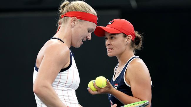 Kiki Bertens and Ash Barty in action during their thrilling doubles loss. Picture: AAP Images