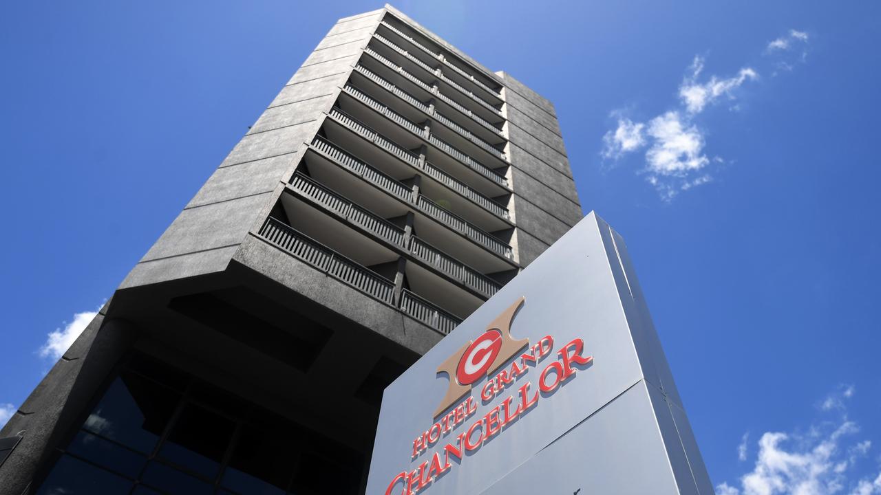 The Hotel Grand Chancellor in Brisbane's Spring Hill. Six people linked to the building tested positive to the highly-contagious UK variant of the coronavirus and resulted in the hotel being evacuated, with guests moved to other quarantine hotels. Picture: NCA NewsWire / Dan Peled