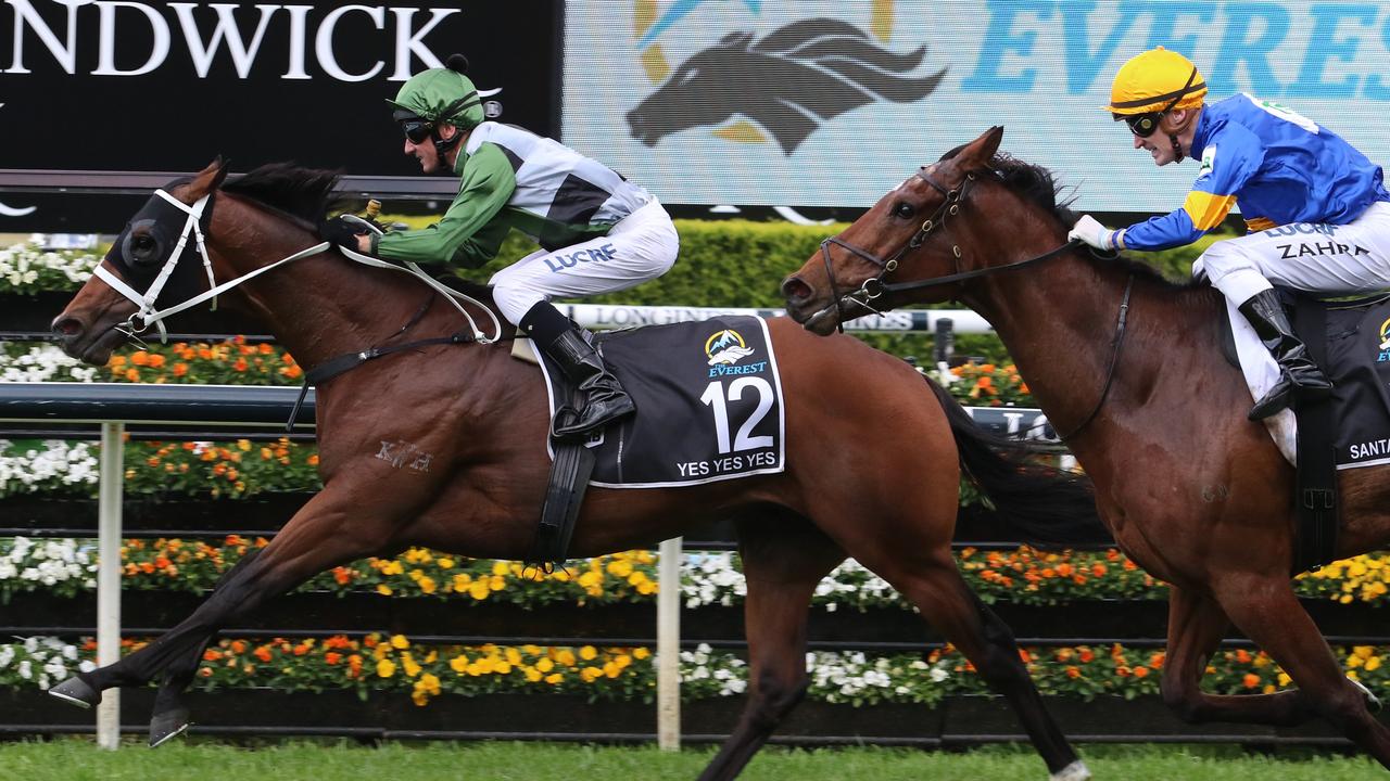 Yes Yes Yes winning the 2019 TAB Everest. Picture: Grant Guy