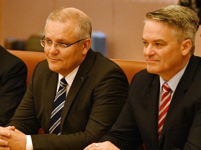 Treasurer Scott Morrison and Minister for Finance Mathias Cormann at a Cabinet meeting at Parliament House on Monday. Picture: Mick Tsikas