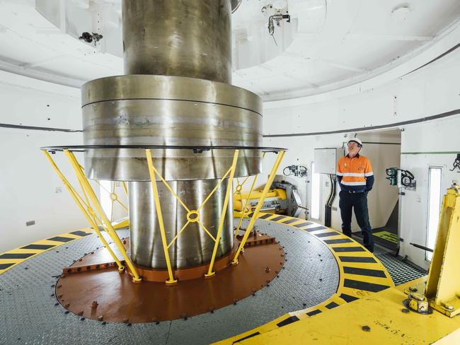 Snowy Hydro area manager, Guy Boardman watches a spinning turbine inside Tumut 3 Power StationPhoto by Rohan Thomson4 September 2019