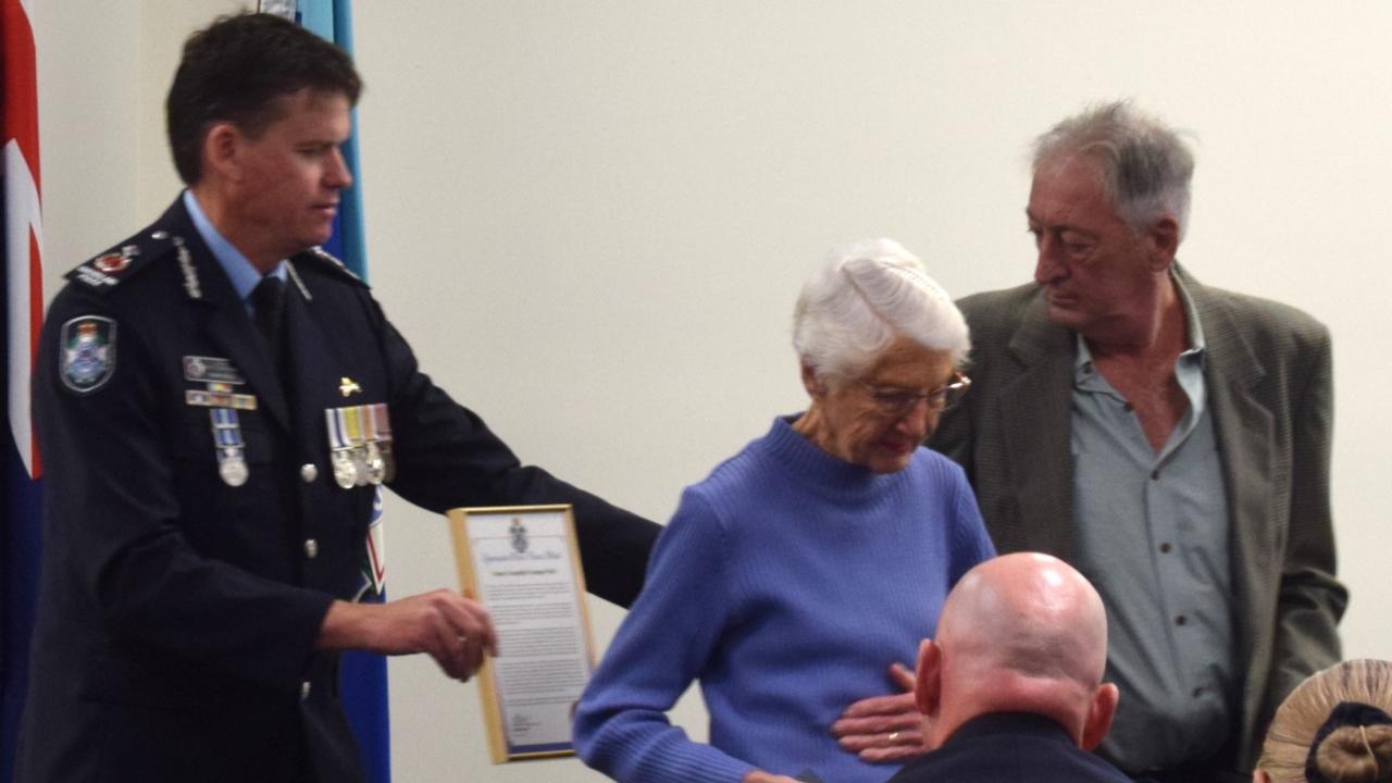 Senior Constable Norman James Watt's mother, Rosalie Watt, and brother, Greg Watt, at the Queensland Police Awards on Wednesday, July 10, 2024. Picture: Aden Stokes