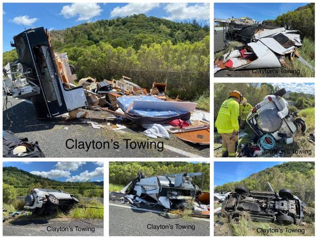 A man was lucky to survive a nasty caravan crash when his car blew a tyre on the Bruce Highway near Gympie yesterday Pictures: Courtesy of the Clayton's Towing Facebook page