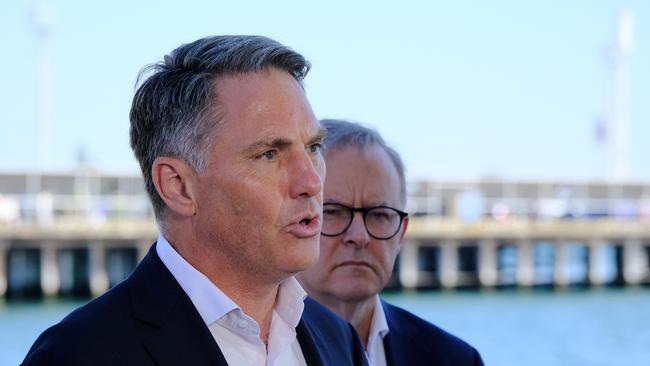 Deputy Prime Minister Richard Marles speaking alongside Prime Minister Anthony Albanese in Geelong on Saturday. Picture: NCA NewsWire / Luis Enrique Ascui