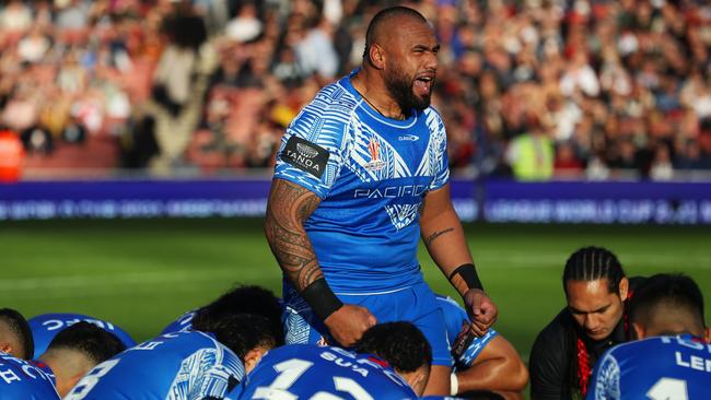 Samoa captain Junior Paulo leads the Siva Tau prior to Samoa’s semi-final clash with England. Picture: Getty Images