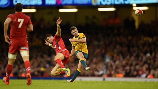 Bernard Foley slots a field goal against Wales to win the Test.