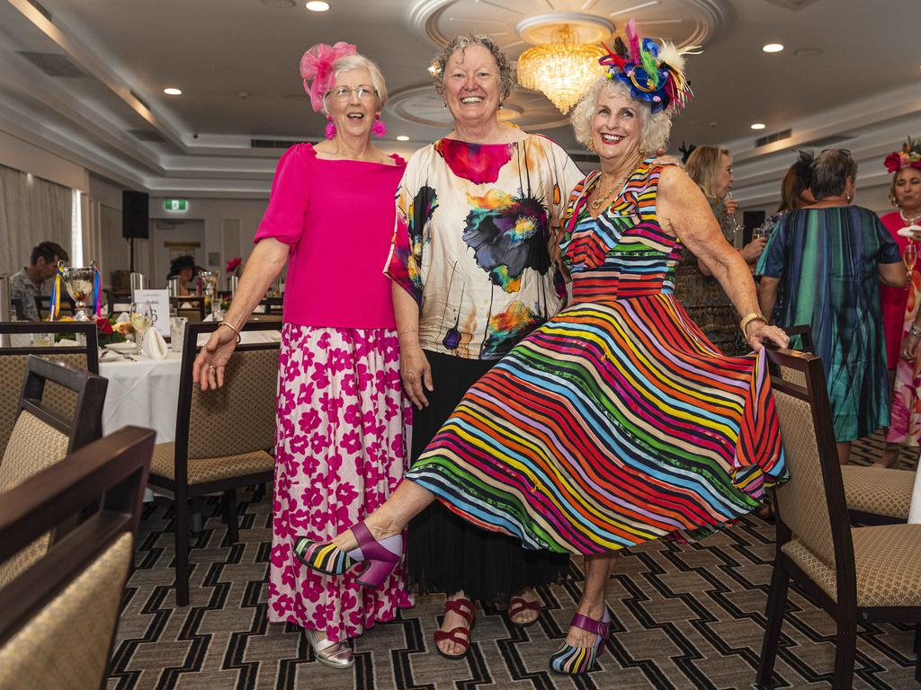 At Hope Horizons Melbourne Cup charity lunch are (from left) Maureen Henderson, Gayle Hogan and Marilyn Carstens, the lunch is hosted by Rotary Club of Toowoomba City at Burke and Wills Hotel, Tuesday, November 5, 2024. Picture: Kevin Farmer