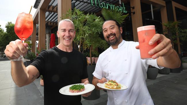 DJ Grant Smillie debuts new bar Marmont at Crown Melbourne. Grant, pictured with head chef Mark Tagnipez, with some dishes and drinks on offer overlooking the riverwalk/promenade.                                                             Picture: David Caird