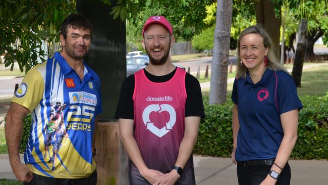 Townsville Running Festival event director Joel Savage, heart transplant recipient Jack Melberzs and donation medical specialist for Donate Life Melita Trout. Picture: Nikita McGuire