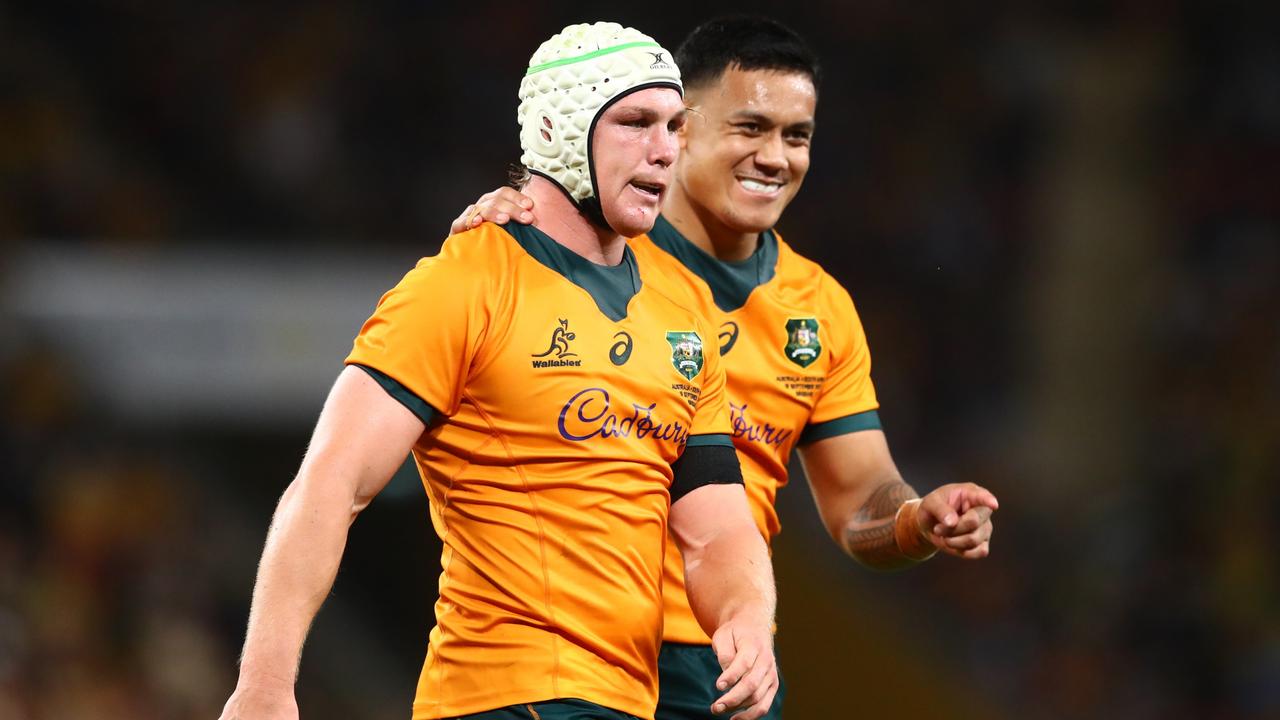 BRISBANE, AUSTRALIA - SEPTEMBER 18: Len Ikitau of the Wallabies celebrates with Michael Hooper of the Wallabies after receiving a penalty during The Rugby Championship match between the Australian Wallabies and the South Africa Springboks at Suncorp Stadium on September 18, 2021 in Brisbane, Australia. (Photo by Chris Hyde/Getty Images)