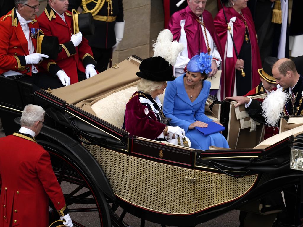 Camilla, Duchess of Cornwall, Catherine, Duchess of Cambridge and Prince William, Duke of Cambridge leave St George's Chapel after the Order of the Garter service. Picture: Getty Images.