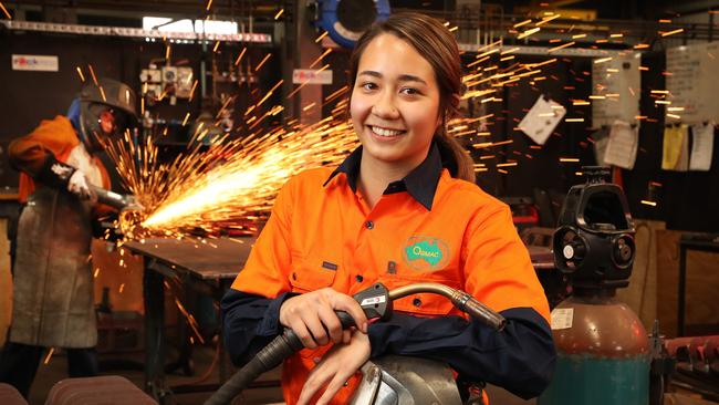 Apprentice boilermaker Melanie Millar, 21, working at Rock Press, Acacia Ridge. Photographer: Liam Kidston