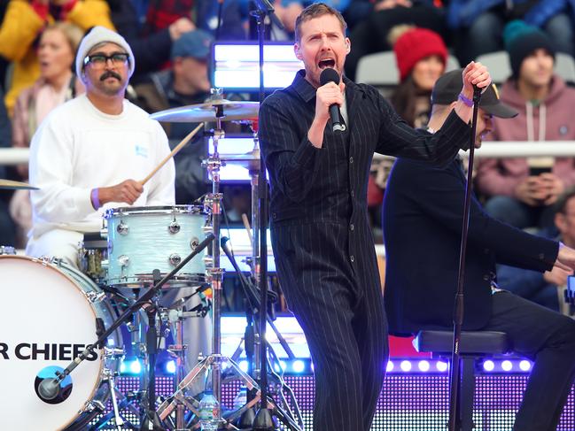 NEWCASTLE UPON TYNE, ENGLAND - OCTOBER 15: The Kaiser Chiefs perform during the Opening Ceremony of the Rugby League World 2021 Pool A match between England and Samoa at St. James Park on October 15, 2022 in Newcastle upon Tyne, England. (Photo by Alex Livesey/Getty Images for RLWC)