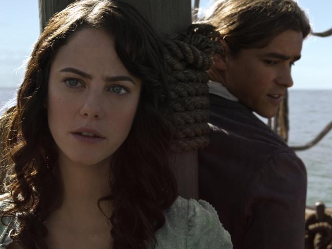 Kaya Scodelario and Brenton Thwaites have each other’s backs in Dead Men Tell No Tales.