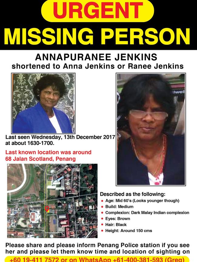 The missing persons poster of Annapuranee Jenkins, which a concerned local used to contact her family about the Penang construction site delivery.