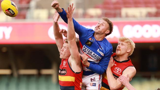 Bulldog Rhett Montgomerie flies high to spoil against the Crows at Adelaide Oval on Saturday. Picture: SANFL Image / James Elsby