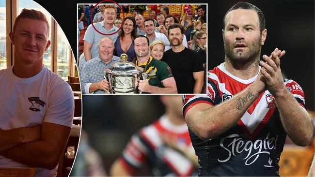 Boyd Cordner and (inset left) his cousin, Joel Dark and (inset) Cordner poses with family following the Kangaroos' 2017 Rugby League World Cup final win over England. Circled is Cordner's cousin, Joel Dark, who suffered a head knock at Charlestown's St John Oval in Sunday's Real NRL match between Central and Western Suburbs. Picture: Robbie Dolan/NRL Photos