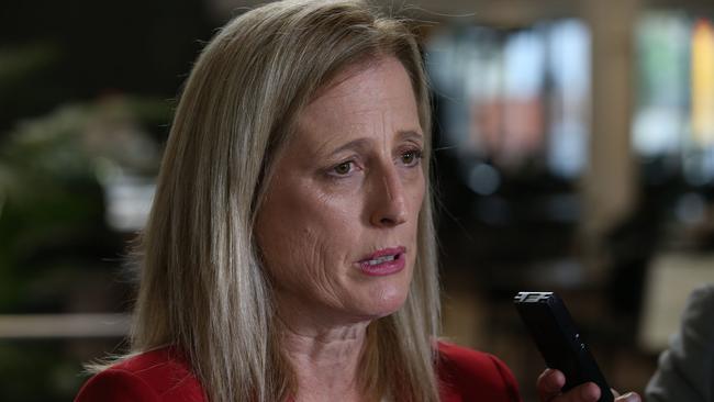 Finance Minister Katy Gallagher talks to the media on Saturday. Picture: Justin Benson-Cooper/The West Australian