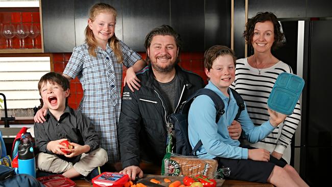 Chef Scott Pickett with kids Harry, 10, Matilda, 8, Oscar, 4 and wife Rebecca making school lunches.