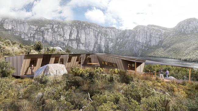 Artist’s impression of Lake Huntley Hut on the proposed Next Iconic Walk near the Tyndall Range. Picture: Supplied/JAWS Architects