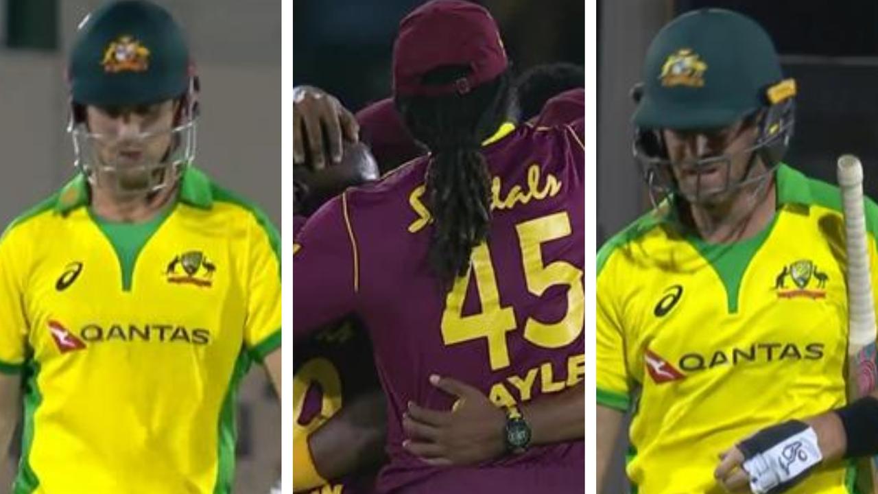 Australia has thrown away the first T20 to the West Indies in sensational circumstances.