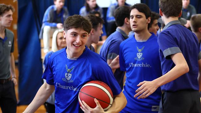 Action from the GPS basketball round 1 match between Brisbane State High and Churchie. Picture: Tertius Pickard