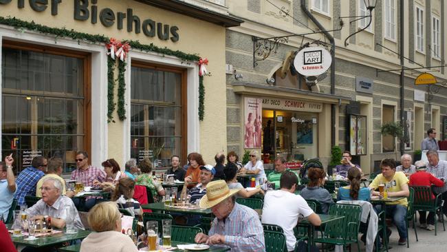 Outdoor dining at Zipfer Bierhaus in Salzburg.