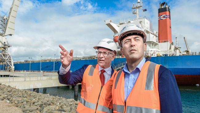 SA Premier Jay Weatherill and SA Treasurer Tom Koutsantonis at Flinders Port on Saturday. Picture: AAP / Roy Vandervegt