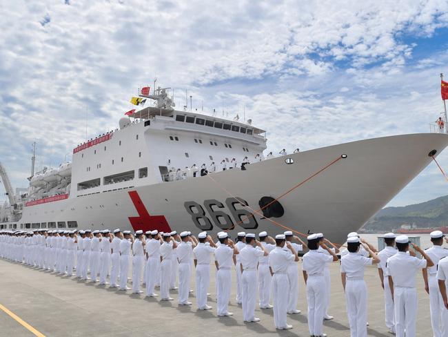 ZHOUSHAN, CHINA - JULY 03: Chinese naval hospital ship Peace Ark departs from a port for a number of countries in South Pacific for humanitarian medical work on July 3, 2023 in Zhoushan, Zhejiang Province of China. The hospital ship will visit Kiribati, Tonga, Vanuatu, the Solomon Islands and East Timor during the Mission Harmony-2023. (Photo by VCG/VCG via Getty Images)