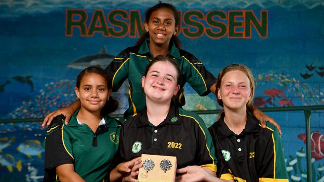 Rasmussen State School students (front) Malayla Stone, 11, Chloe Edwards, 11, Emily Baillee, 11, and (back) Jaydah Stone, 11, with the NTP (The Noise Temperature Project). Picture: Evan Morgan