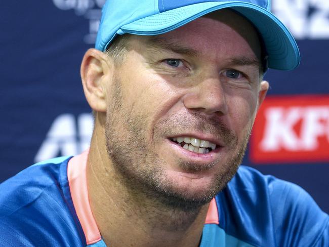 WELLINGTON, NEW ZEALAND - FEBRUARY 19: David Warner of Australia speaks to media during an Australia training session ahead of the Men's T20 International series between New Zealand and Australia at Basin Reserve on February 19, 2024 in Wellington, New Zealand. (Photo by Hagen Hopkins/Getty Images)