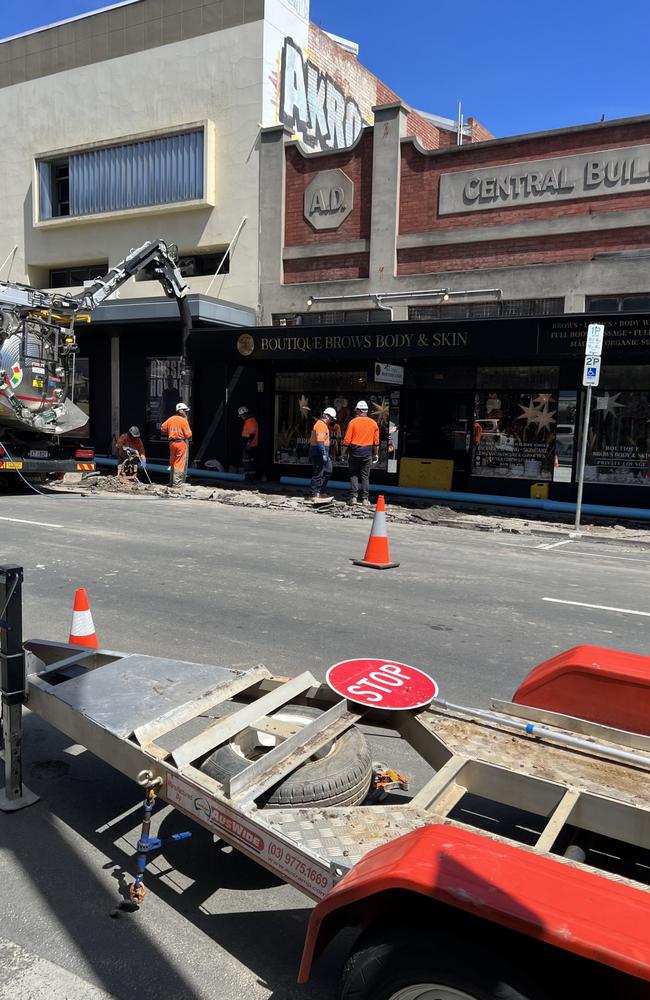 Work to repair the burst water main outside Liverpool Street business Boutique Brows Body &amp; Skin. Picture: supplied.