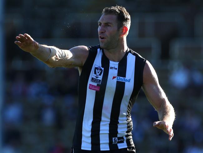 Travis Cloke of the Magpies directs players during the VFL Round 3 match between Collingwood and Essendon played at Victoria Park in Collingwood on Sunday 24th April, 2016. Picture: Mark Dadswell