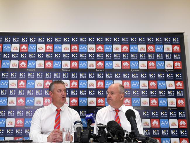 Gold Coast Suns chairman Tony Cochrane (right) and chief executive Mark Evans front the media today about Eade’s sacking. Picture: AAP