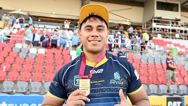 BRISBANE, AUSTRALIA - OCTOBER 10: Michael Molo of the Devils celebrates victory and winning the man of the match award after the 2021 QRL Intrust Super Cup Grand Final match between the Norths Devils and the Wynnum-Manly Seagulls at Moreton Daily Stadium on October 10, 2021, in Brisbane, Australia. (Photo by Bradley Kanaris/Getty Images)