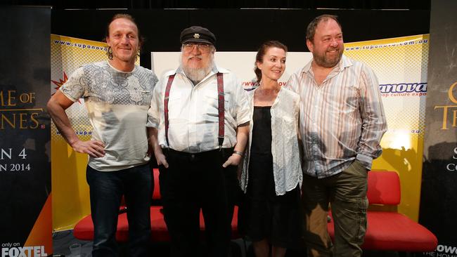 Game Of Thrones star Jerome Flynn (Bronn), author George R.R. Martin, Michelle Fairley (Catelyn Stark), Mark Addy (Robert Baratheon). Picture: Peter Wallis