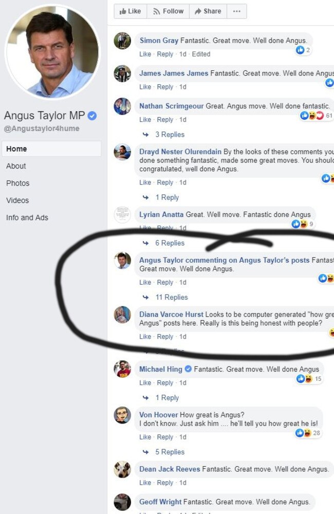 Hume MP Angus Taylor is having bot problems.