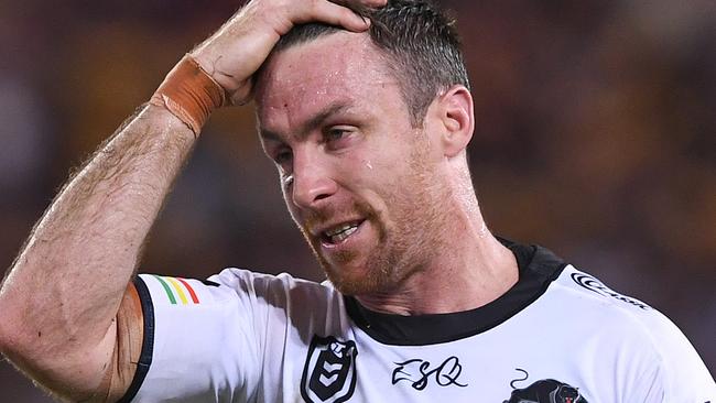 James Maloney of the Panthers reacts during the Round 9 NRL match between the Wests Tigers and the Penrith Panthers at Suncorp Stadium in Brisbane, Friday, May 10, 2019. (AAP Image/Dave Hunt) NO ARCHIVING, EDITORIAL USE ONLY